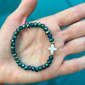 Bracelet with Cross Czech glass mother of pearl religious handmade, stretchy